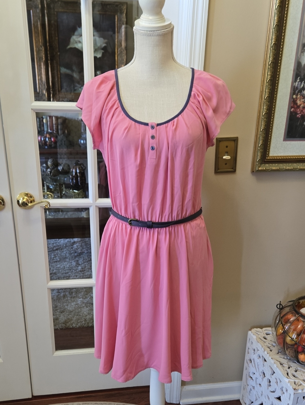 LC Lauren Conrad Pink Dress Brown Trim & Belt Puff Sleeve Size M NEW WITH TAGS